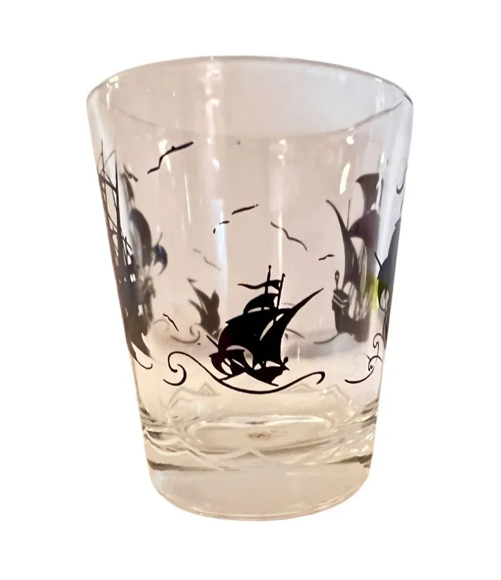 Vintage Clipper Ship Whiskey Glass, Black Pirate Ship Barware, MCM Barware